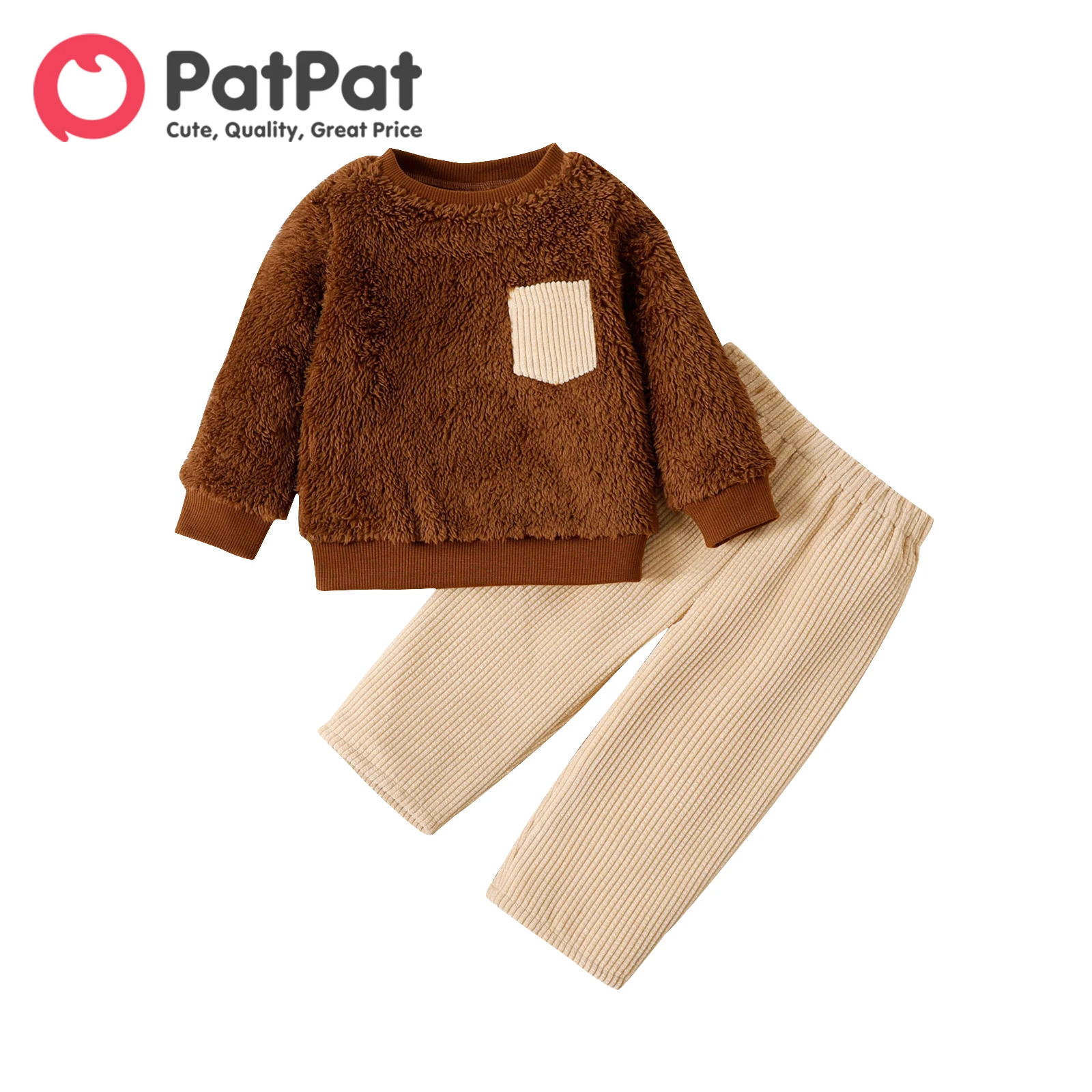 

PatPat 2pcs Baby Boy/Girl Brown Long-sleeve Fuzzy Sweatshirt and Corduroy Pants Set