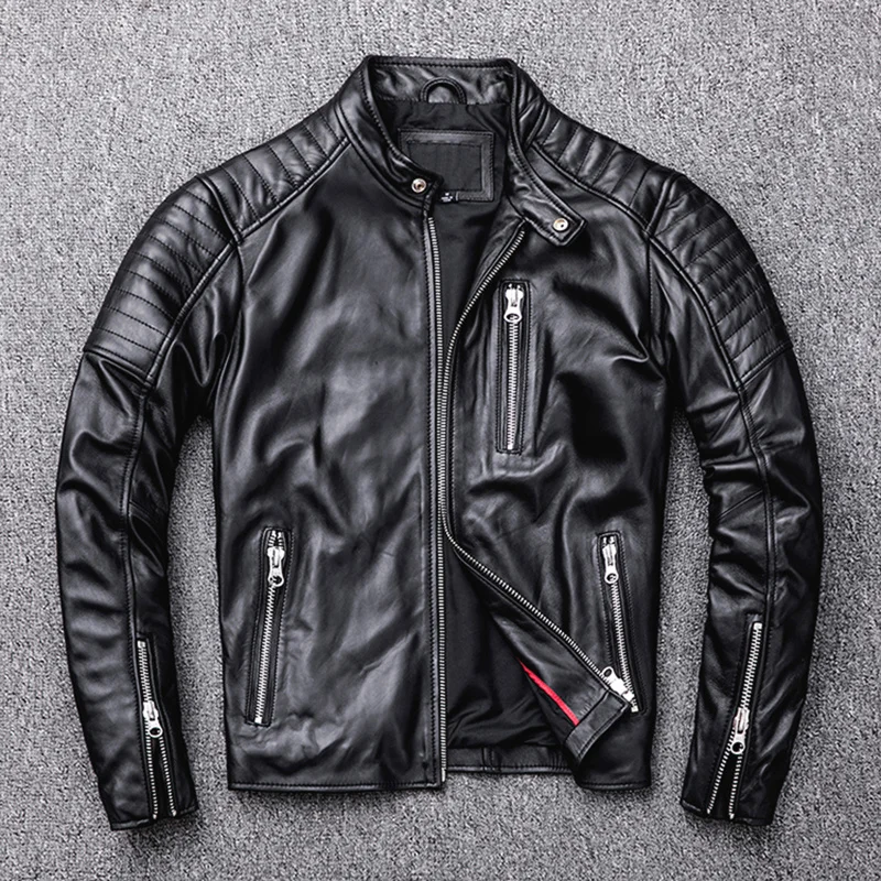 

Мужская мотоциклетная кожаная куртка, черная мотоциклетная куртка из натуральной кожи, приталенная мягкая одежда из овечьей шкуры, весна-о...