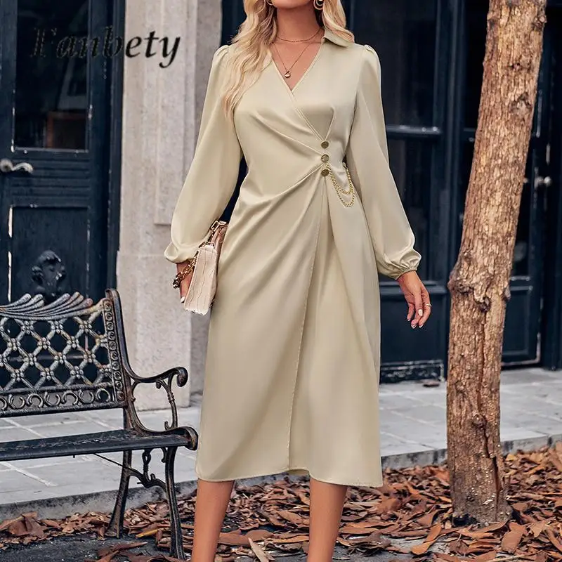 Женское офисное платье с длинным рукавом, элегантное однотонное длинное платье с отложным воротником и V-образным вырезом, осеннее платье с цепочкой и разрезом, 2023
Женское офисное платье с длинным рукавом, элегантное однотонное длинное платье с отложным воротником и V-образным вырезом, осеннее платье с цепочкой и разрезом, 2023