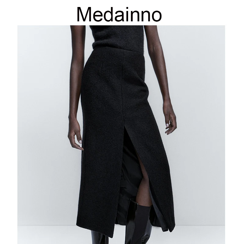 

Medainno 2022 Autumn Winter Fashion New Women High Waist Tweed Slit Midi Skirt Solid Simple Elegant Casual Bottoms Female Chic