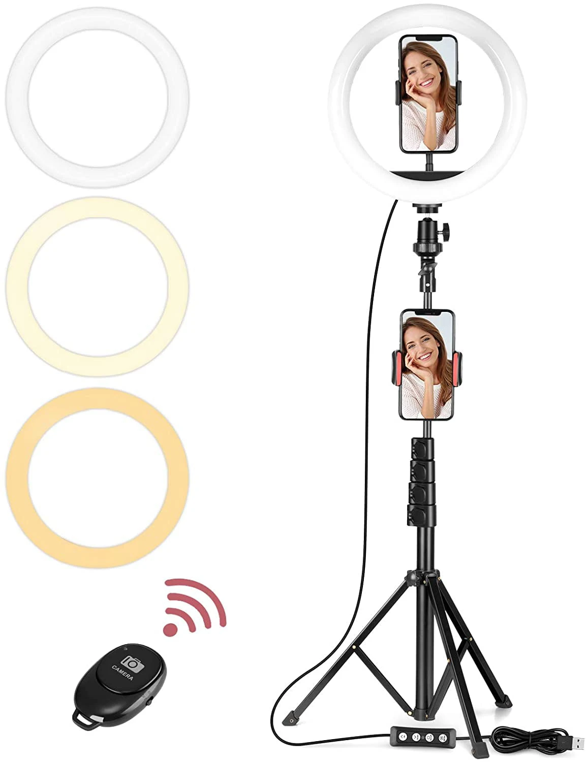 

Selfie Ring Light,LED Circle Light with Extendable Tripod Stand&2 Phone Holder,Dimmable 3 Modes 11 Brightness Level,360° Rotati