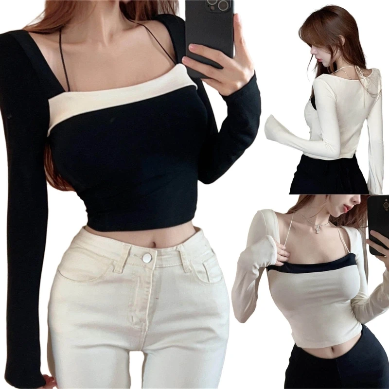 Женский укороченный топ с квадратным вырезом и длинным рукавом Y2K Harajuku, облегающие футболки, топы 
Женский укороченный топ с квадратным вырезом и длинным рукавом Y2K Harajuku, облегающие футболки, топы
