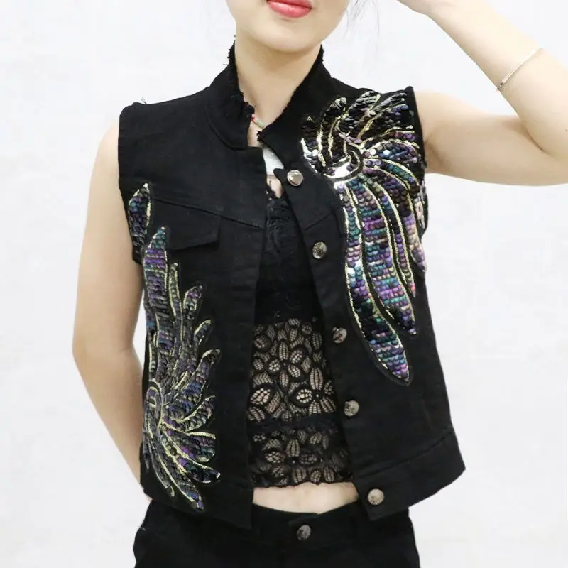 New Sequined Denim Vest Women's 2023 Spring And Autumn Fashion Outer Wear Sleeveless Short Stand Colla Jacket Female Trendy
New Sequined Denim Vest Women's 2023 Spring And Autumn Fashion Outer Wear Sleeveless Short Stand Colla Jacket Female Trendy