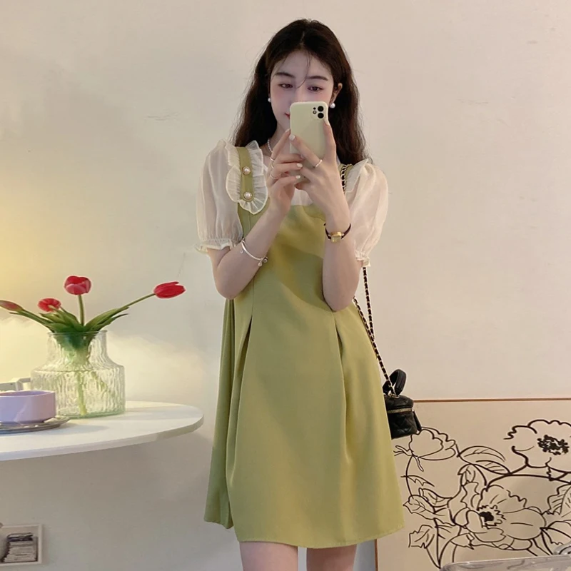 WDMSNA обманка из двух частей с круглым вырезом летнее милое корейское модное платье элегантные женские платья с пышными рукавами женское платье