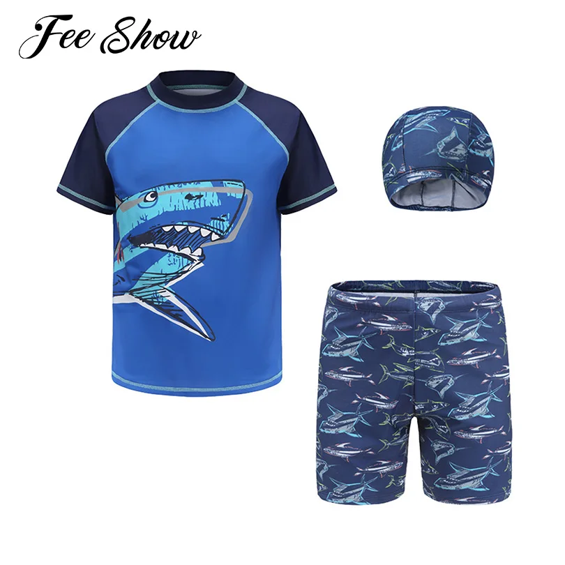 

3Pcs Kids Boys Fashion Print Swimsuit Surfing Suit Quick Dry Short Sleeve Swim Tops Elastic Waistband Trunks+Hat Rash Guard Sets