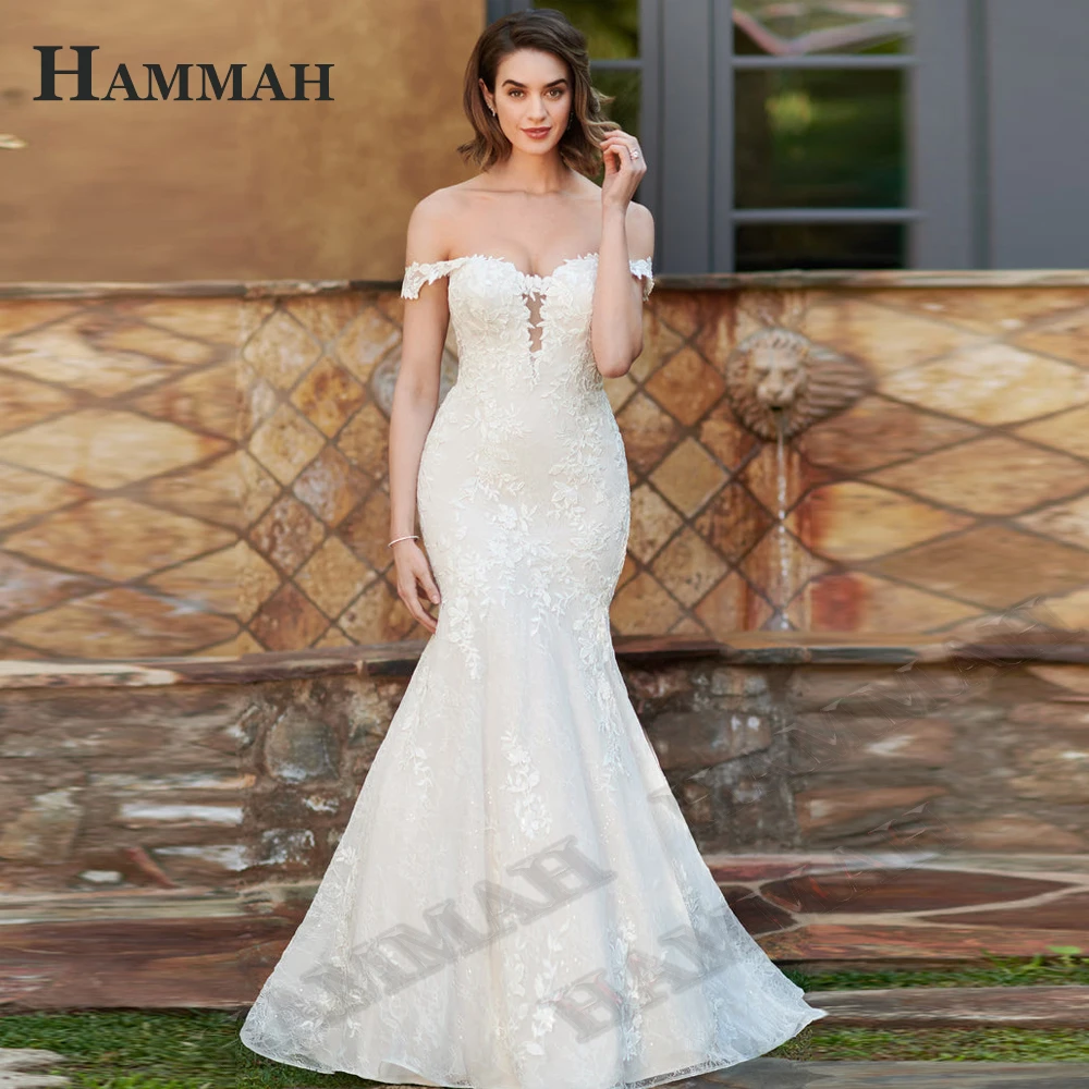 HAMMAH Trumpet Lace Appliques Wedding Dresses For Women Elegant Brush Train Button Illusion A Line Off Shoulder Bride Gowns
HAMMAH Trumpet Lace Appliques Wedding Dresses For Women Elegant Brush Train Button Illusion A Line Off Shoulder Bride Gowns