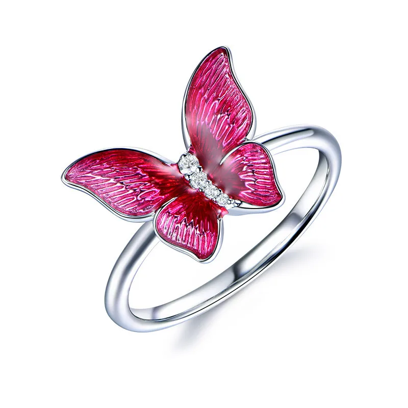 

Creative Enamel Butterfly Rings Purple Butterfly Set with Diamonds Precious Stones Silver Circlet Epoxy Dyed Colored Stone Hoop