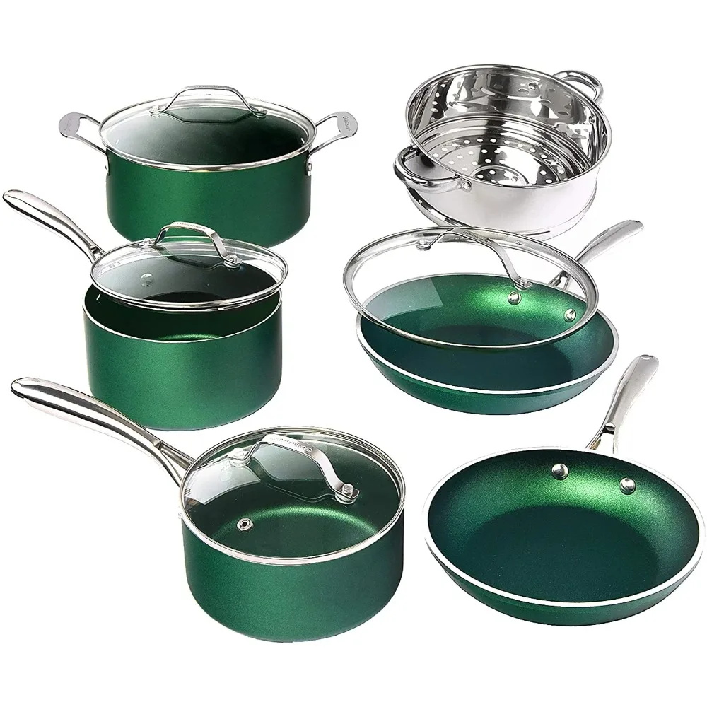 Emerald Collection 10 Piece Pots and Pans Set with Ultra Non-stick Durable Mineral & Diamond Triple Coated Surfaces
Emerald Collection 10 Piece Pots and Pans Set with Ultra Non-stick Durable Mineral & Diamond Triple Coated Surfaces