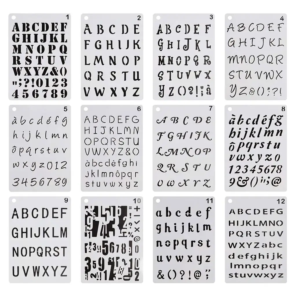 12pcs English Alphabet Painting Template PET Painting Stencil Set Alphabet Stencils for Home Children Handcraft Lovers
12pcs English Alphabet Painting Template PET Painting Stencil Set Alphabet Stencils for Home Children Handcraft Lovers