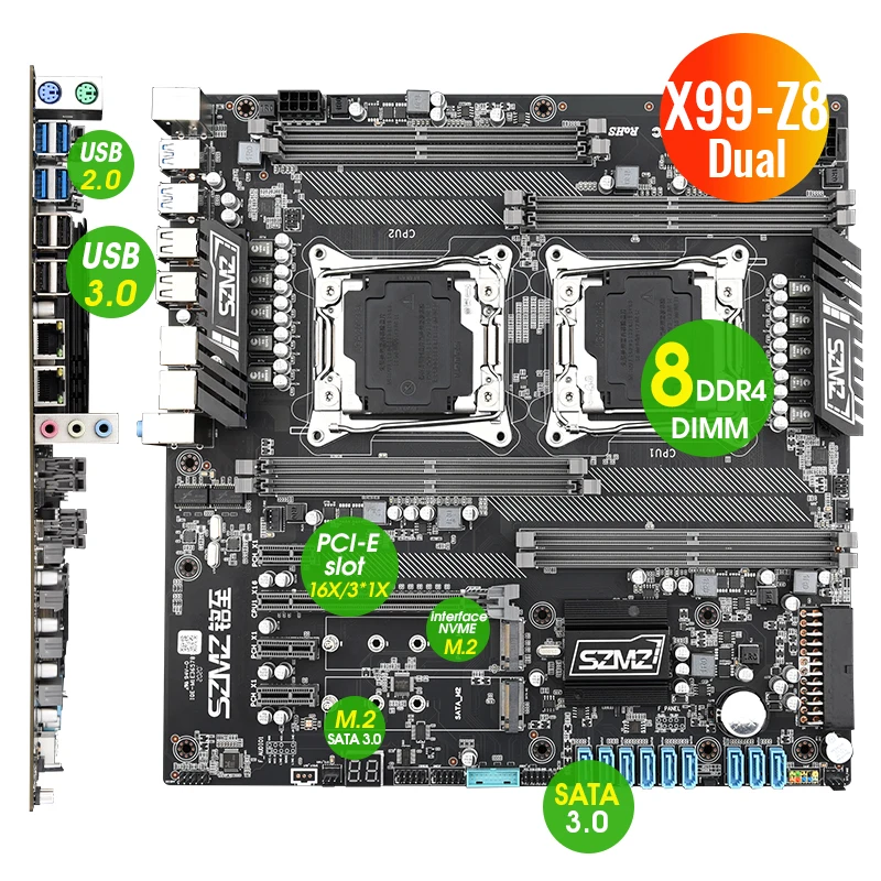 SZMZ X99 Dual Z8 CPU материнская плата 8 каналов с двойным процессором Xeon LGA 2011-3 E5 V3 V4 DDR4 RECC