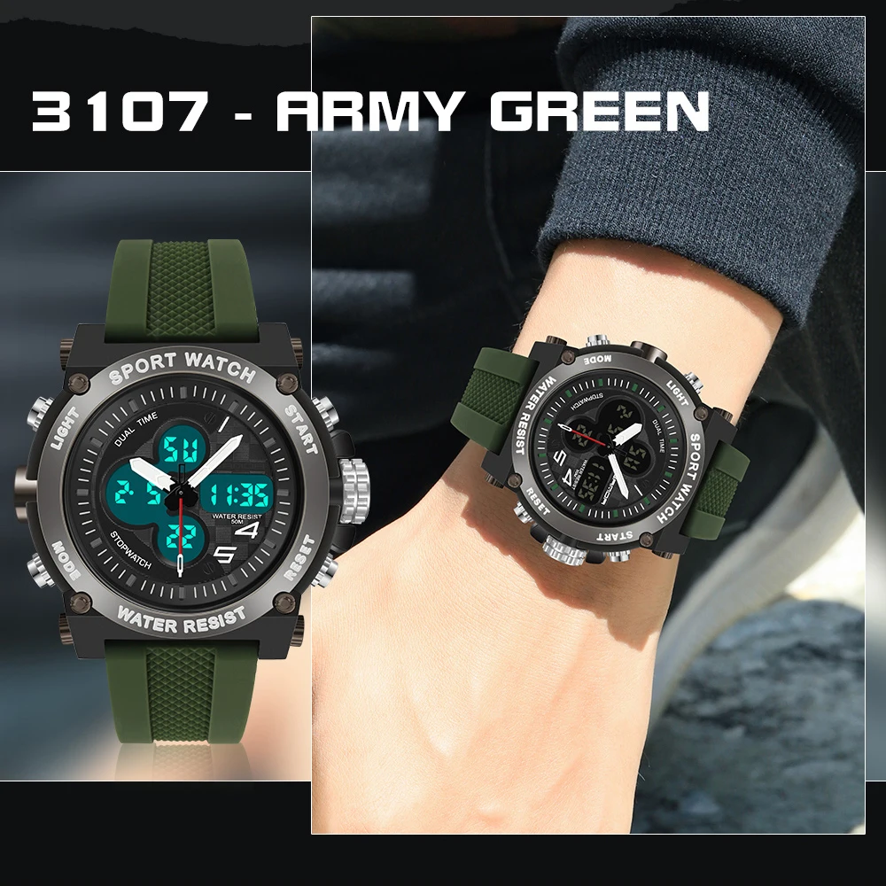 New Outdoor Men's Watches Sports Military Quartz Watch for Male Wristwatch Electronic Dual Display Relogio Masculino 3107
New Outdoor Men's Watches Sports Military Quartz Watch for Male Wristwatch Electronic Dual Display Relogio Masculino 3107