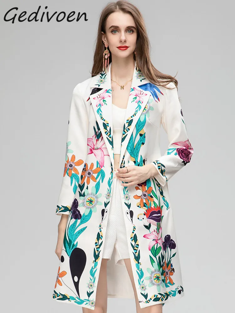 

Gedivoen Summer Fashion Runway Vintage Floral Print Trench Coat Women Lapel Button Frenulum Gathered Waist Slim Long Trench Coat