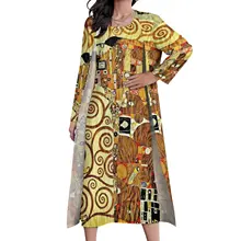 Gustav Klimt Detail Dress Autumn The Trees of Life Fashion Boho Beach Long Dresses Women Printed Night Club Maxi Dress Big Size