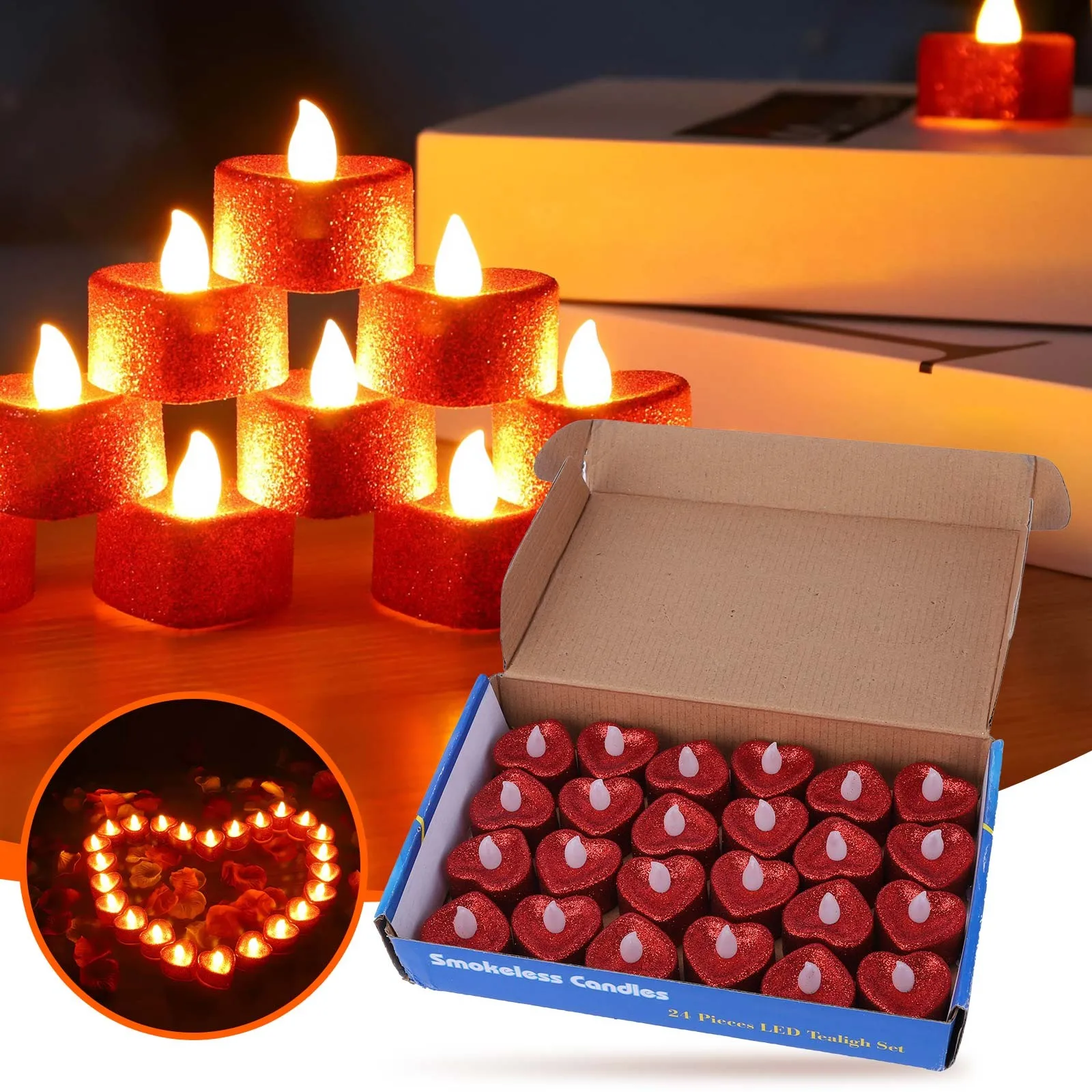 24pcs Romantic Glitter Heart Led Candle Valentine's Day Red Flameless Love Tealight Candle For Romantic Night Decoration 
24pcs Romantic Glitter Heart Led Candle Valentine's Day Red Flameless Love Tealight Candle For Romantic Night Decoration