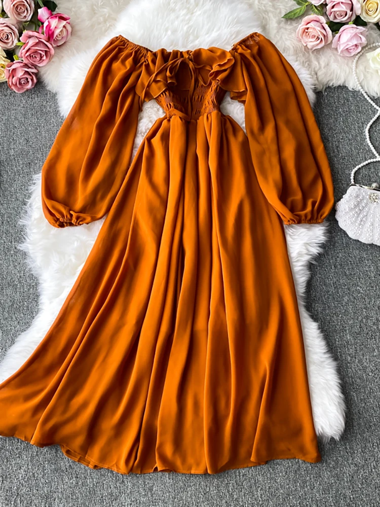 Autumn Women Slash Neck Long Sleeve Midi Dress Female Yellow/Red/Pink High Waist Ruffle Big Swing Chiffon Robe Fashion 2022 New
Autumn Women Slash Neck Long Sleeve Midi Dress Female Yellow/Red/Pink High Waist Ruffle Big Swing Chiffon Robe Fashion 2022 New