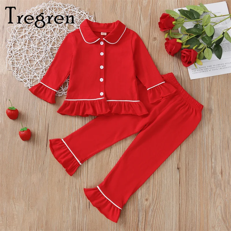 Tregren Toddler Baby Girl Pajamas Set Kids Long Sleeve Lapel Ruffle Hem Buttons Red Tops + Pants Suit New Year Homewear
Tregren Toddler Baby Girl Pajamas Set Kids Long Sleeve Lapel Ruffle Hem Buttons Red Tops + Pants Suit New Year Homewear