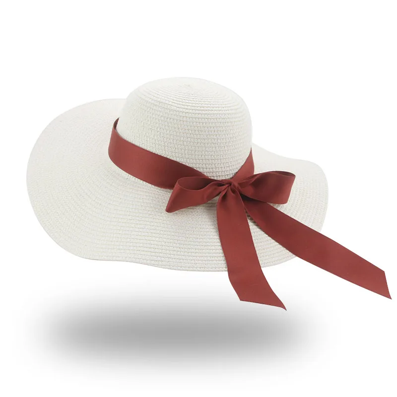 

Hat Hats for Women Beach Hat Sun Hats Cap Female Big Brim 11cm Solid Band Bowknot Luxury Dome Women Summer Hat Chapeau Femme New