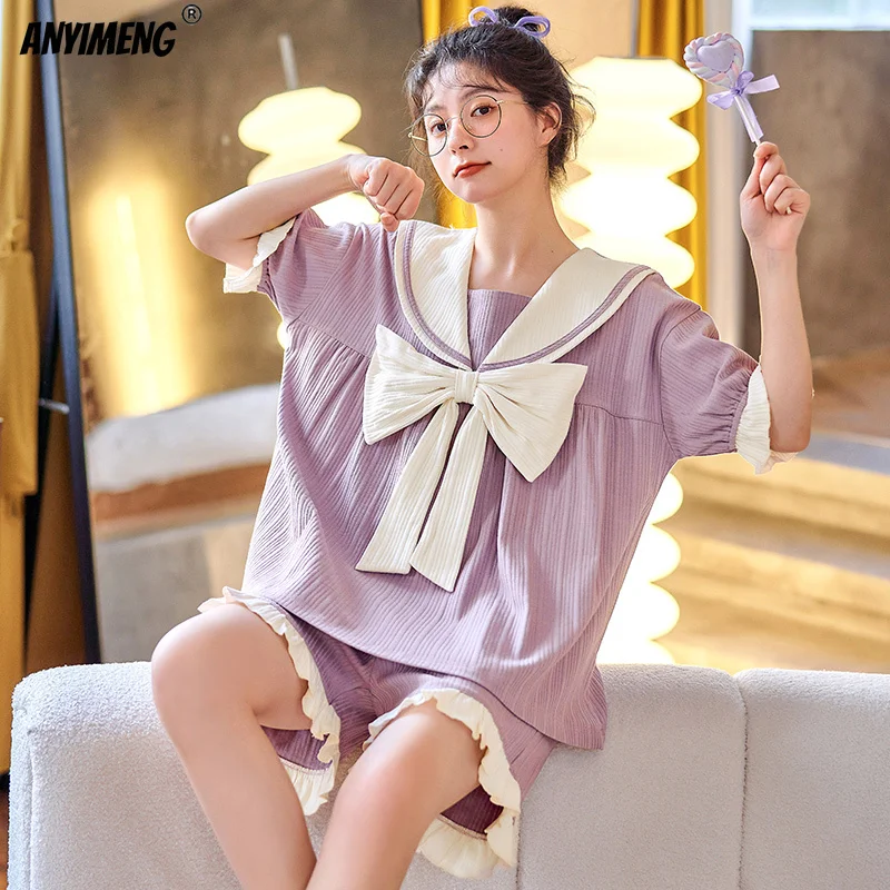 New Summer Kawaii Fashion Purple Homewear Bow Decoration Shorts Princess Style Soft Cotton Girls Sleepwear Women's Pajamas
New Summer Kawaii Fashion Purple Homewear Bow Decoration Shorts Princess Style Soft Cotton Girls Sleepwear Women's Pajamas