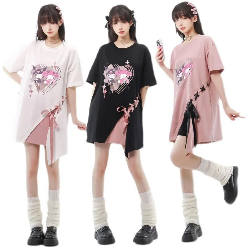 Heart Rate of Love Kuromi Mymelody T-Shirt Kawaii Three Color Straps Summer Casual Patchwork Top Loose Versatile Short Sleeves 
Heart Rate of Love Kuromi Mymelody T-Shirt Kawaii Three Color Straps Summer Casual Patchwork Top Loose Versatile Short Sleeves