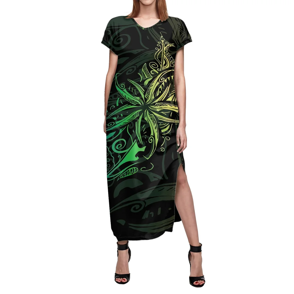 

Short Sleeve Side Slit Loose Dress With Pocket 2022 Polynesian Hawaiian Tribal Hibiscus Casual T-shirt Dresses Women Summer