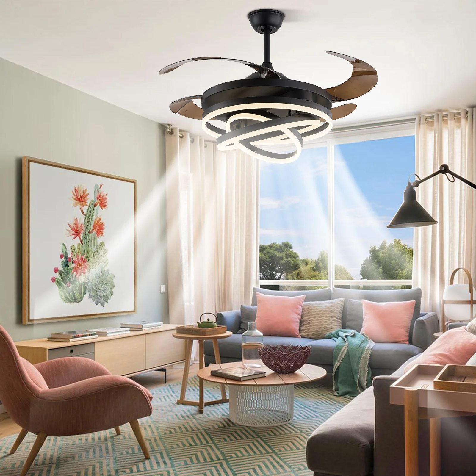 42 Inch LED Ceiling Fan Light Retractable Fan Lamp Dimmable 3-Color 4 Retractable Blade Chandelier Fan With Remote Control
42 Inch LED Ceiling Fan Light Retractable Fan Lamp Dimmable 3-Color 4 Retractable Blade Chandelier Fan With Remote Control