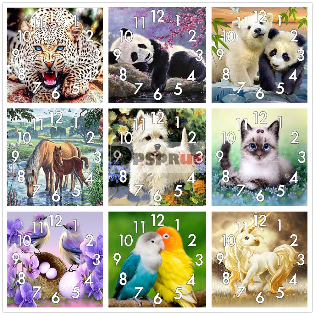 

Dpsprue Full Diamond Painting Cross Stitch Animals With Clock Mechanism Mosaic 5D Diy Square Round 3d Embroidery Gift JG02