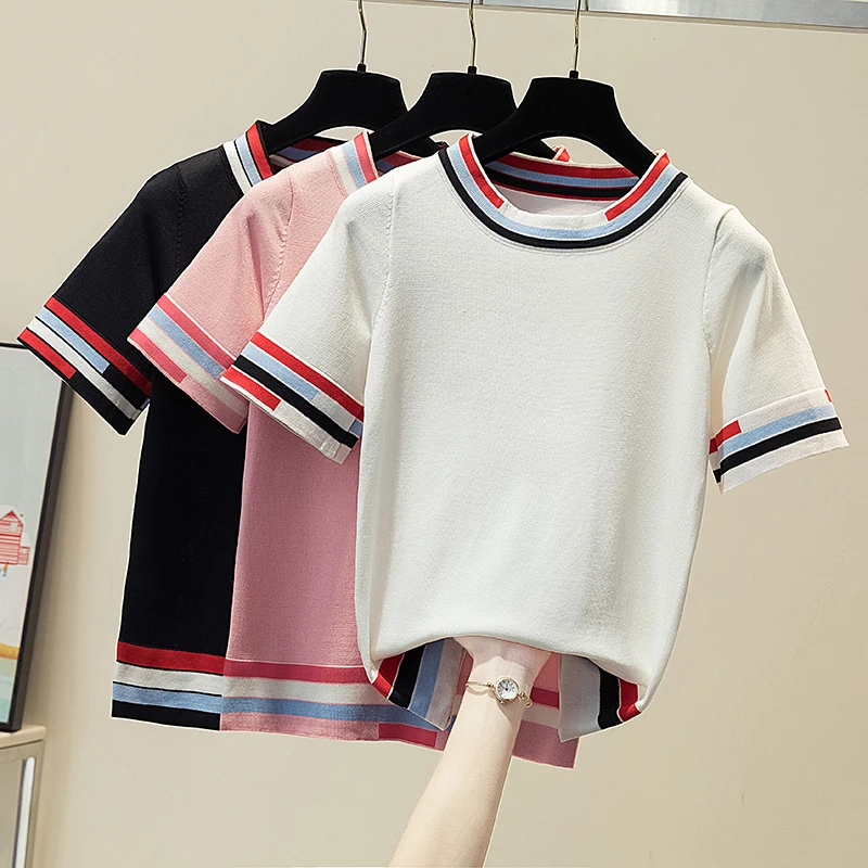 

Summer T Shirt Women Knitted Women's Tops O-Neck Vestrts Contrast Color Short Sleeve Tees Casual Woman Clothes Poles Mujers
