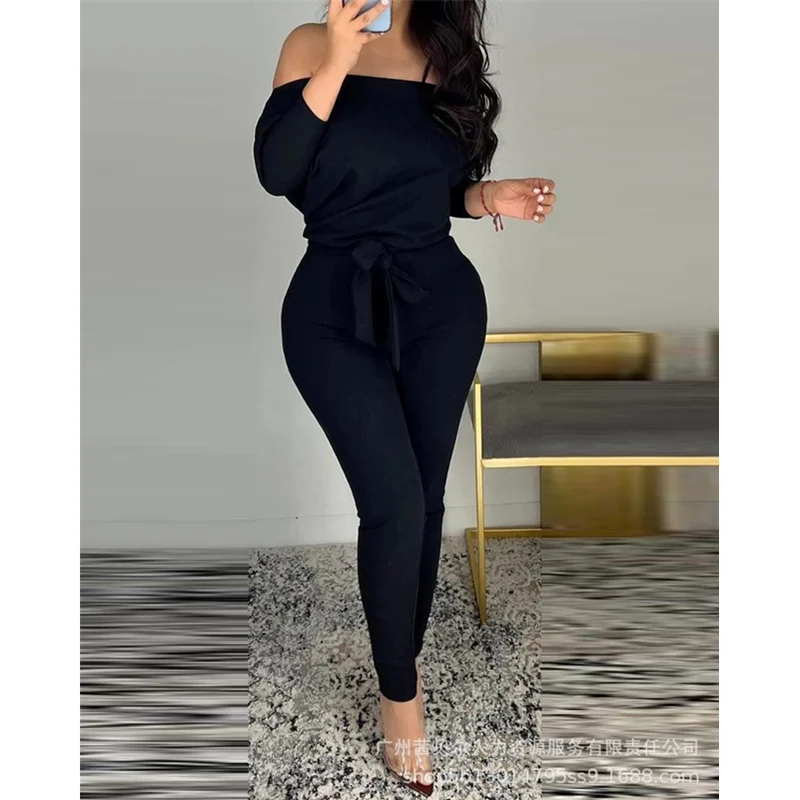 

Women Elegant Casual Long Sleeve High Waist Corset Overalls Onepieces Romper Streetwear Off Shoulder Tied Detail Jumpsuit