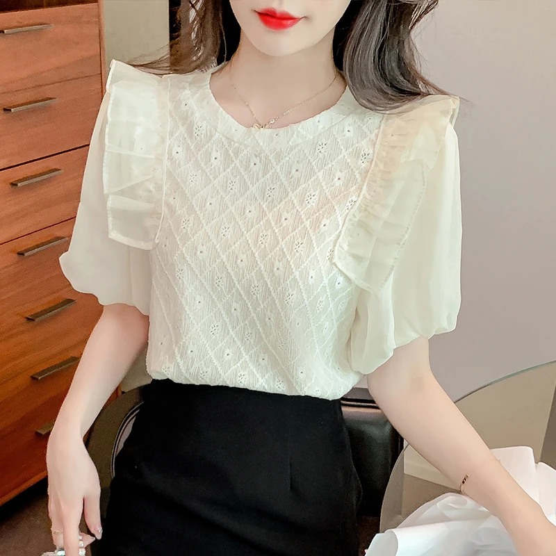 Summer Women's Short Sleeve Round Neck French Bubble Sleeve Solid Color Versatile Ruffle Edge Shirt Blouse Women Tops A149
Summer Women's Short Sleeve Round Neck French Bubble Sleeve Solid Color Versatile Ruffle Edge Shirt Blouse Women Tops A149