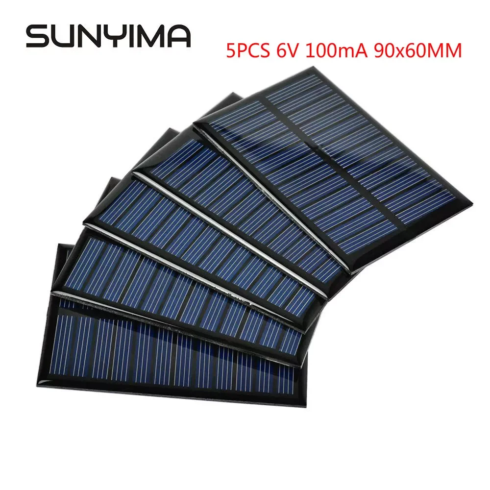 SUNYIMA 5Pcs 6V 100mA Solar Panels Polycrystalline 90x60mm Mini Sunpower Solar Cells DIY Photovoltaic Panel for Battery Charger
SUNYIMA 5Pcs 6V 100mA Solar Panels Polycrystalline 90x60mm Mini Sunpower Solar Cells DIY Photovoltaic Panel for Battery Charger