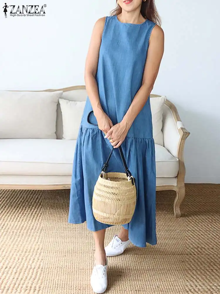 ZANZEA Loose Women Vestidos Round Neck Casual Tank Dress Pockets Holiday Midi Dress Ruffled Hem Sleeveless Denim A-line Dress
ZANZEA Loose Women Vestidos Round Neck Casual Tank Dress Pockets Holiday Midi Dress Ruffled Hem Sleeveless Denim A-line Dress