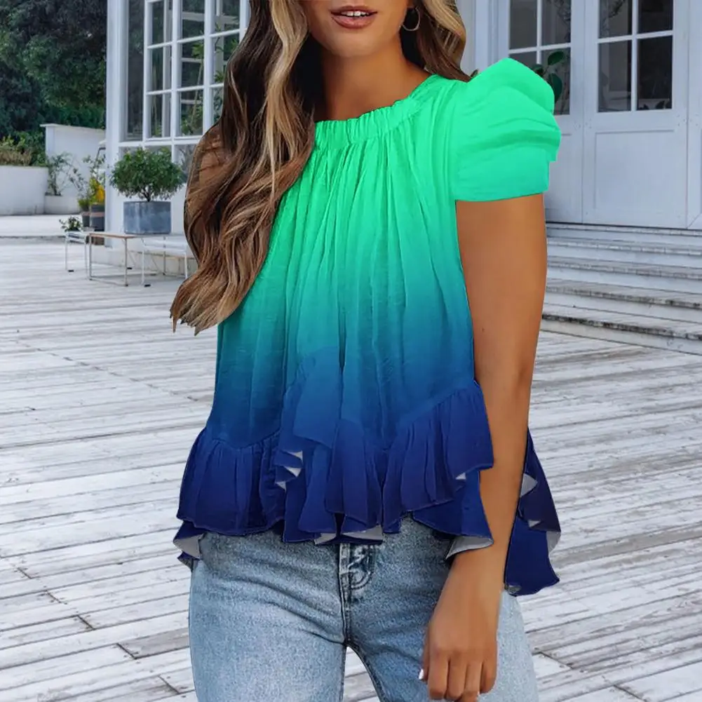 Casual Pullover T-shirt O-Neck Ruffle Hem Summer Blouse Women Elegant Gradient Print Short Sleeve Top Female Clothing Streetwear
Casual Pullover T-shirt O-Neck Ruffle Hem Summer Blouse Women Elegant Gradient Print Short Sleeve Top Female Clothing Streetwear