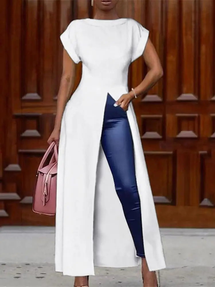 

VONDA Fashion Long Blouse 2023 Summer Women Elegant Split Asymmetrical Tunic Top Short Sleeve Solid Casual Party Blusas Feminina
