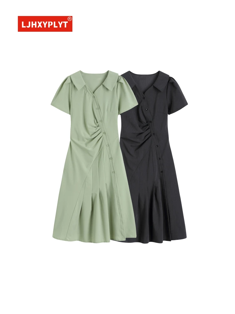 Green V-neck Wrinkled Short-sleeved Shirt Dress Women's Summer Design Diagonal Buckle Waist Black POLO Collar Mid-length Skirt
Green V-neck Wrinkled Short-sleeved Shirt Dress Women's Summer Design Diagonal Buckle Waist Black POLO Collar Mid-length Skirt