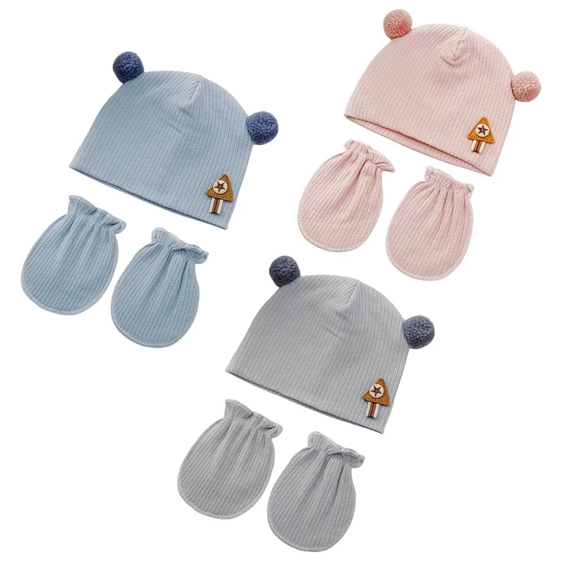 

Q81A Baby Anti-scratching Gloves Hat Set Newborn Soft Mittens Beanie Cap