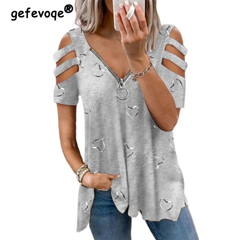 Summer 2022 New Fashion V-neck Heart Print Zipper Hollow Out Loose T Shirt Y2K Oversized Casual Short Sleeve Pullover Tops Women 
Summer 2022 New Fashion V-neck Heart Print Zipper Hollow Out Loose T Shirt Y2K Oversized Casual Short Sleeve Pullover Tops Women