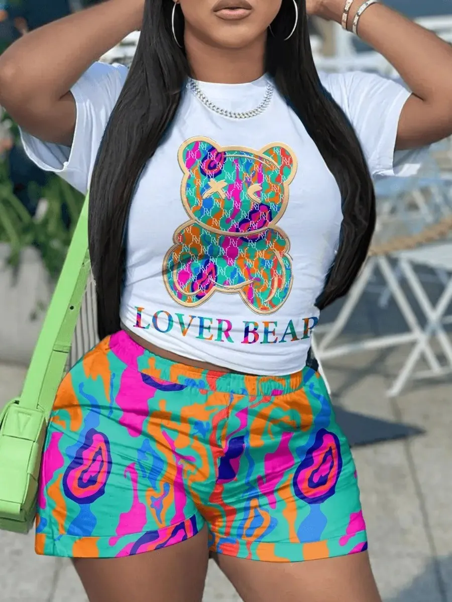 LW Multicolor Two Pieces Shorts Suits Lover Bear Letter Print Shorts Set Short Sleeve Pullover White Top&All Print Bottoms 2pcs
LW Multicolor Two Pieces Shorts Suits Lover Bear Letter Print Shorts Set Short Sleeve Pullover White Top&All Print Bottoms 2pcs