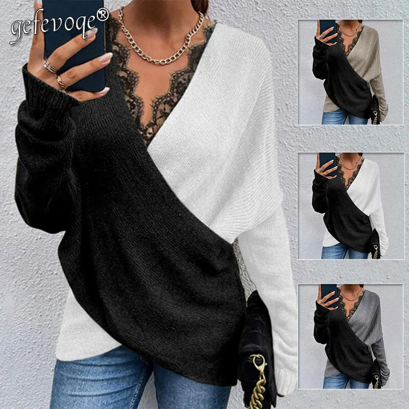 Women's Elegant Fashion Lace V-neck Patchwork Top Loose Pullovers Knitting Long Sleeve Blouse Solid Popularity Casual Clothing
Women's Elegant Fashion Lace V-neck Patchwork Top Loose Pullovers Knitting Long Sleeve Blouse Solid Popularity Casual Clothing