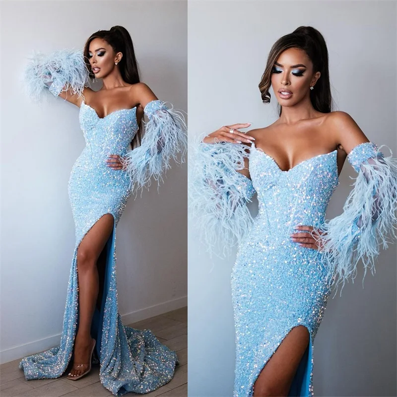 Ostrich Feather Blue Mermaid Prom Dress Bling Sequins Luxury Evening Party Gowns With Detachable Sleeve Custom Made Lace Up Back 
Ostrich Feather Blue Mermaid Prom Dress Bling Sequins Luxury Evening Party Gowns With Detachable Sleeve Custom Made Lace Up Back