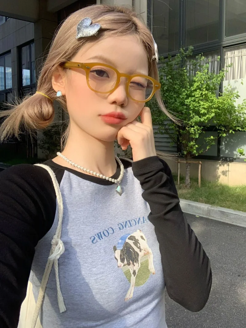 Короткий укороченный топ, женская футболка с длинным рукавом и принтом коровы, футболки с круглым вырезом, приталенная одежда Y2k, Харадзюку, повседневные футболки контрастных цветов
Короткий укороченный топ, женская футболка с длинным рукавом и принтом коровы, футболки с круглым вырезом, приталенная одежда Y2k, Харадзюку, повседневные футболки контрастных цветов