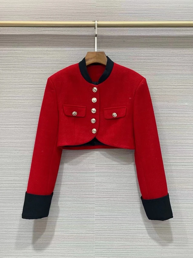 2022 new women fashion high-quality long-sleeved color-blocked cuffs rolled button wool fabric short red top coat 906
2022 new women fashion high-quality long-sleeved color-blocked cuffs rolled button wool fabric short red top coat 906