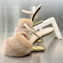 Fashion Women Fur Slippers Sexy Peep Toe Gladiator Sandals Dress Pumps Spring Summer Strange Heel Mules High Heel Wedge Shoes