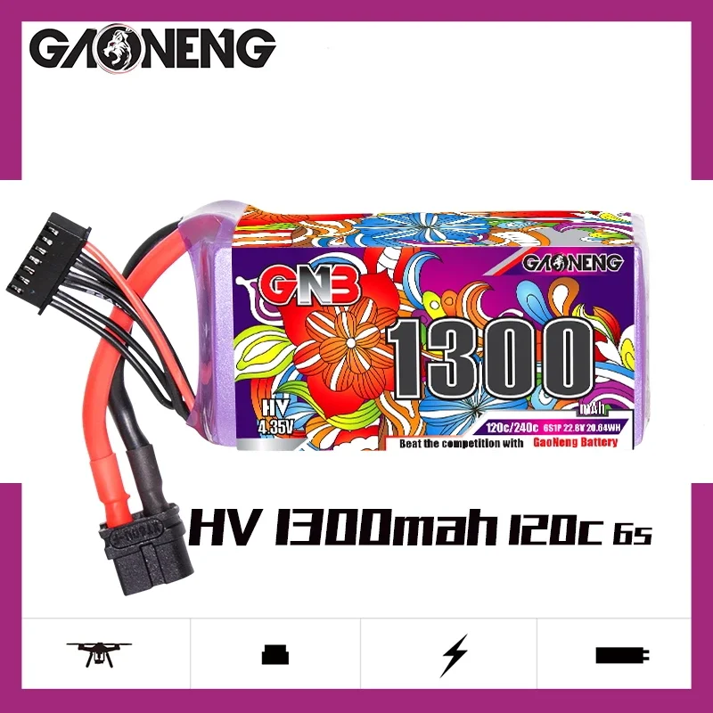 GAONENG GNB 6S1P 1300mAh 22.8V 120C Light Weight High Power Long Fly Times LiHV Lipo Battery With XT60 Plug For FPV Racing Drone
GAONENG GNB 6S1P 1300mAh 22.8V 120C Light Weight High Power Long Fly Times LiHV Lipo Battery With XT60 Plug For FPV Racing Drone