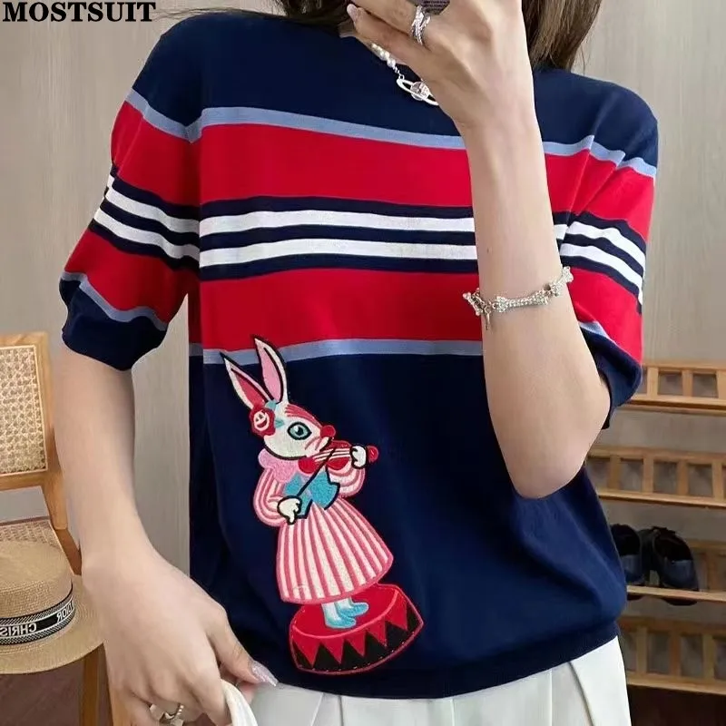Rabbit Embroidered Striped Knit Sweater Tops Women Knitwear 2023 Summer Short Sleeve O-neck Elegant Fashion Ladies Jumpers Tees
Rabbit Embroidered Striped Knit Sweater Tops Women Knitwear 2023 Summer Short Sleeve O-neck Elegant Fashion Ladies Jumpers Tees