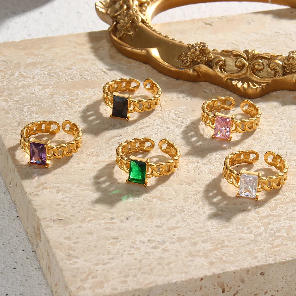Luxury Wedding Gemstone Stainless Steel Ring Woven Chain Green Pink Purple White CZ Stone Gold Adjustable Rings For Women
Luxury Wedding Gemstone Stainless Steel Ring Woven Chain Green Pink Purple White CZ Stone Gold Adjustable Rings For Women