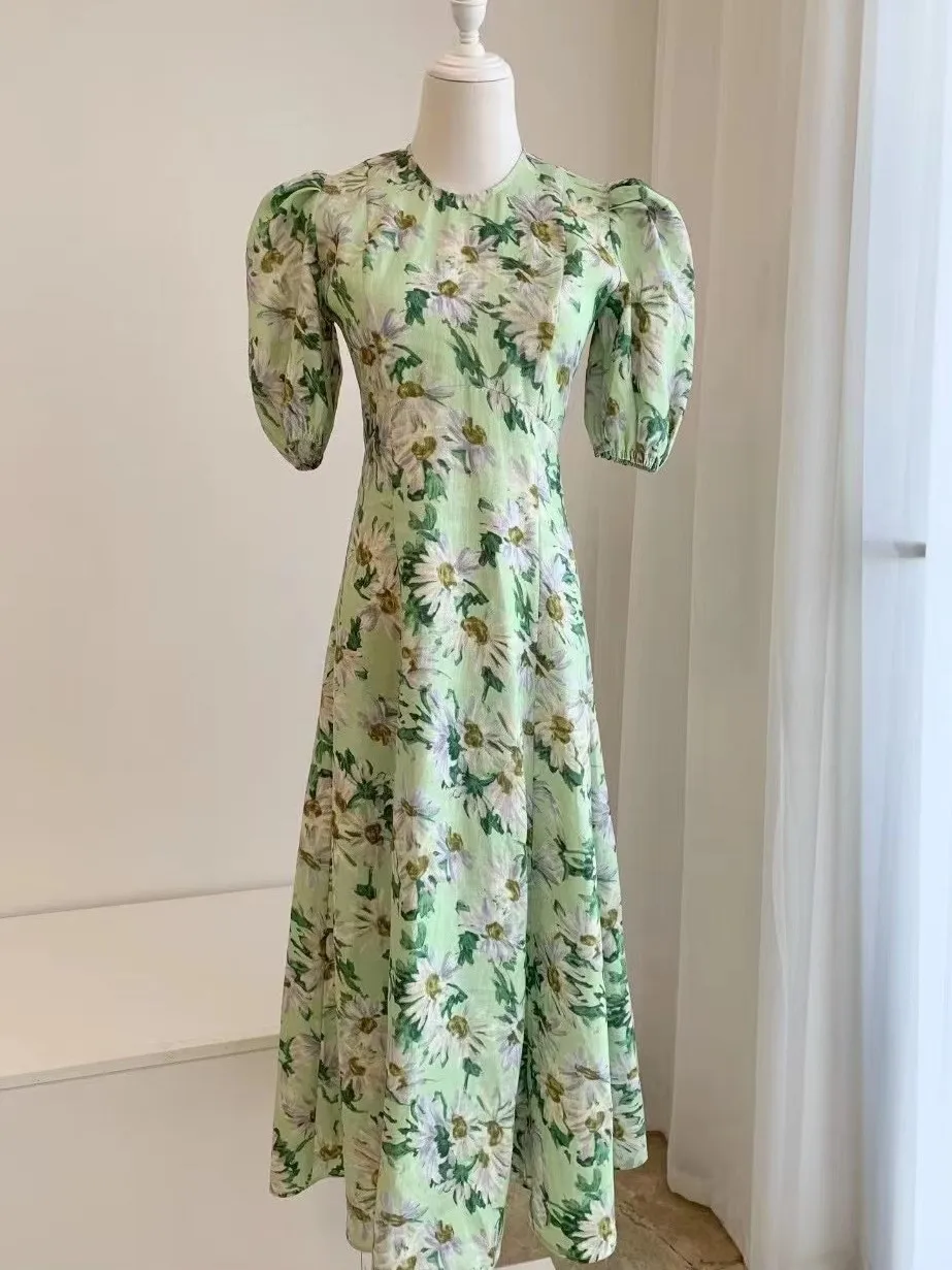 Women's Floral Printed Puff Sleeve O-Neck High Waist Elegant 100% Linen Midi Dress
Women's Floral Printed Puff Sleeve O-Neck High Waist Elegant 100% Linen Midi Dress