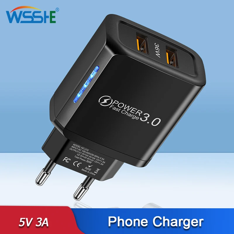 

36W Dual USB Charger 5V3A Quick Charge QC 3.0 LED Lighting EU US Plug Phone Power Adapter For Iphone 13 Pro Max Samsung Xiaomi