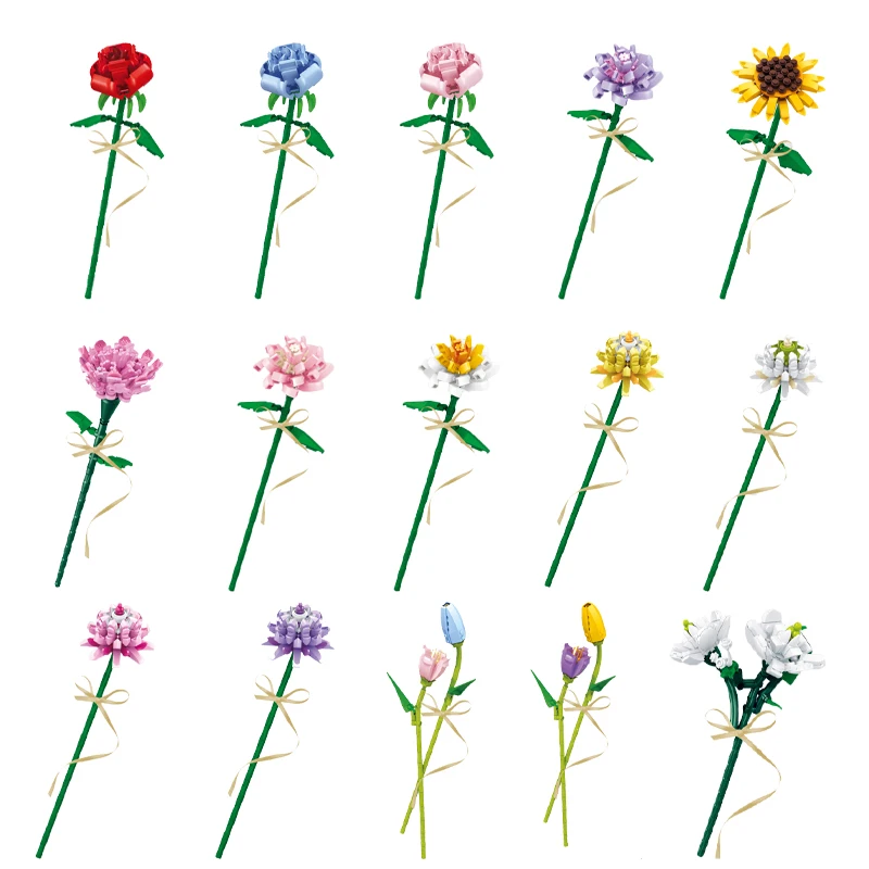 

Building Blocks Anime Mini Flower Bouquets Plants Street View Decoration Tulip Lilac Daisy Lotus Models Children Toy Girl Gift