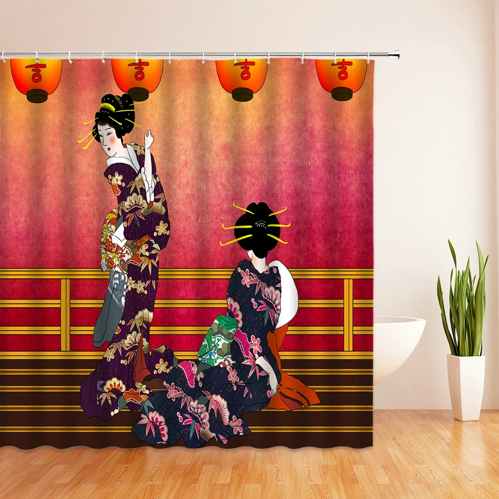 

Japanese-style Geisha Shower Curtain Ink Painting Landscape Bathroom Curtain Decor Waterproof with Hook Shower Curtain Polyester
