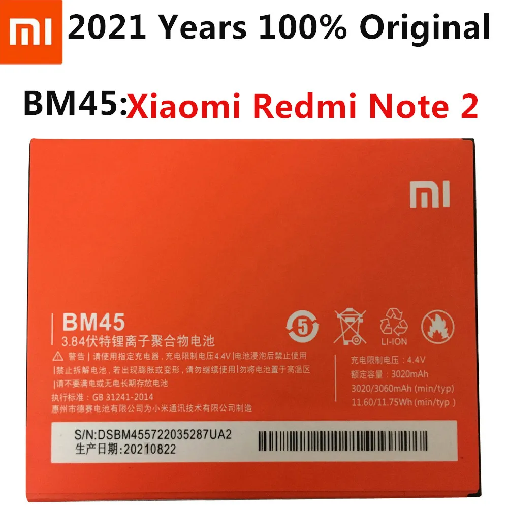 

Xiao Mi Original BM45 Mobile Phone Battery For Xiaomi Redmi Note 2 Hongmi Note2 Replacement Batteries Real Capacity 3020mAh